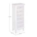 Predalnik 6C CHARLENE . Predalnik 6C CHARLENE je narejena iz MDF-ja in ima gumbe iz polismole. Material: - Polismola - MDF Barva: - Bela - Vzorci Dimenzije: