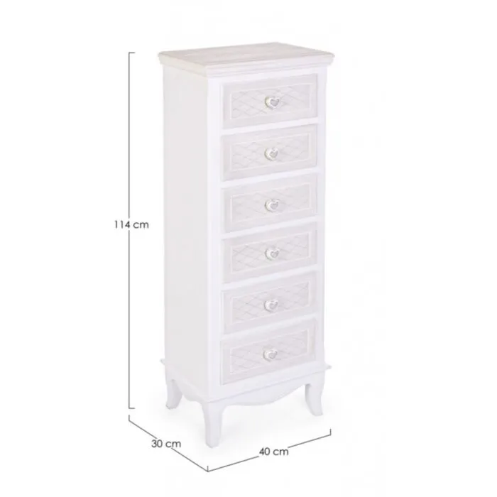 Predalnik 6C CHARLENE . Predalnik 6C CHARLENE je narejena iz MDF-ja in ima gumbe iz polismole. Material: - Polismola - MDF Barva: - Bela - Vzorci Dimenzije: