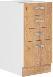 Predalnik ARA 40D 3P je sestavljen iz fronte in korpusa iz MDF plošče, debeline 16 mm. Robovi so iz melamina. Na voljo je v barvi sonome in hrasta. Ročaji