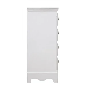 Predalnik BLANC 4C L . Predalnik BLANC 4C L je narejen iz MDF-ja, ima zaključek bele mat barve. Ročaji so iz polismole. S svojo obliko doda prostoru poseben