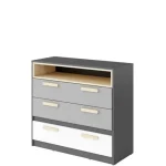 Predalnik SIVKO . Predalnik SIVKO ima tri predale in vdolbino. Je prostorna in praktična komoda v sodobnem slogu. JE v kombinaciji treh barv - Svetlo siva,