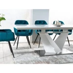 Raztegljiva jedilna miza ALEN 2 . Moderna miza ALEN 2 v kombinaci barve bela visoki sijaj in belega stekla, bo prinesla svežino v vaš prostor. Miza je