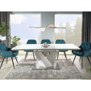 Raztegljiva jedilna miza ALEN 2 . Moderna miza ALEN 2 v kombinaci barve bela visoki sijaj in belega stekla, bo prinesla svežino v vaš prostor. Miza je