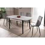 Raztegljiva jedilna miza LAROS . Raztegljiva jedilna miza LAROS je modernega dizajna. Mizna plošča je narejena iz kvalitetne MDF plošče, ter keramike v