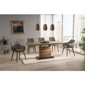 Raztegljiva jedilna miza LEONE hrast . Raztegljiva jedilna miza LEONE je modernega dizajna. Dobavljiva v hrast barvi. Miza je kvalitetna, mizna plošča je