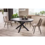 Raztegljiva jedilna miza LJILA 120 . Raztegljiva jedilna miza LJILA je narejena iz kvalitetnega kaljenega stekla ter keramike, v temno sivi mat barvi. Okvir je