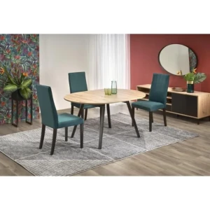 Raztegljiva jedilna miza RUBIN črna . Raztegljiva miza RUBIN črna je kakovostna masivna jedilna miza, ki se lahko podaljša za 40 cm. Dimenzije: - D: 102/142