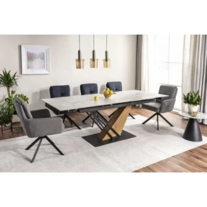 Raztegljiva jedilna miza SOKOL 180 - bela mat . Raztegljiva jedilna miza SOKOL 180 je narejena iz keramike, z efektom belega marmorja. Ogrodje je izdelano v