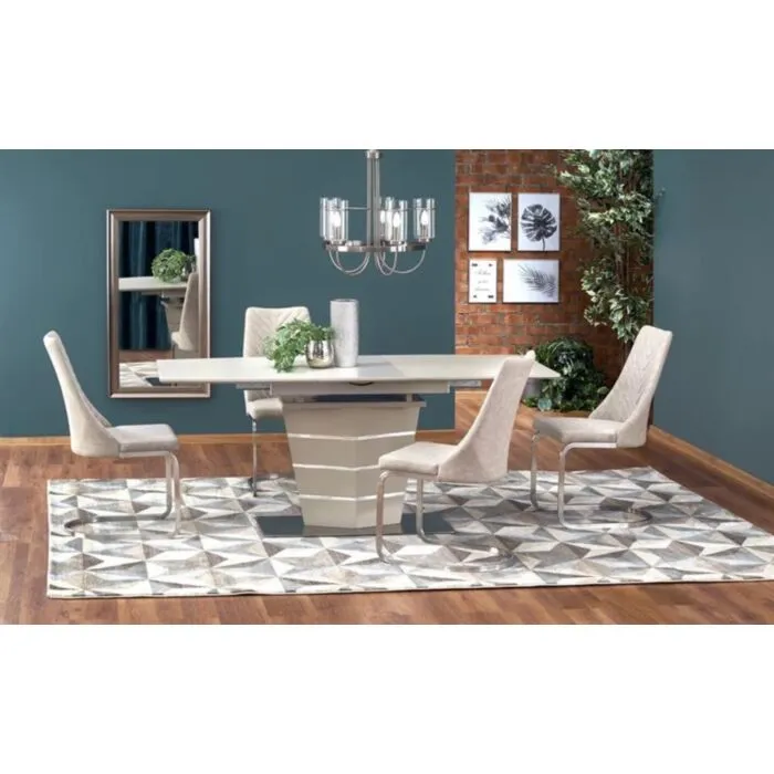 Raztegljiva jedilna miza SONTO Raztegljiva jedilna miza SONTO . Raztegljiva miza SONTO je kakovostna miza iz kovine, stekla in MDF plošče. Sodobna in hkrati prefinjena oblika navdaja