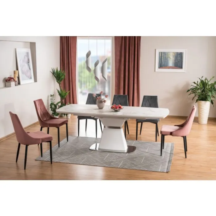 Raztegljiva miza KARA marmor . Raztegljiva miza KARA marmor, navdaja vaš jedilni prostor s svežim belim marmorjem in prefinjenostjo. Mizna plošča je