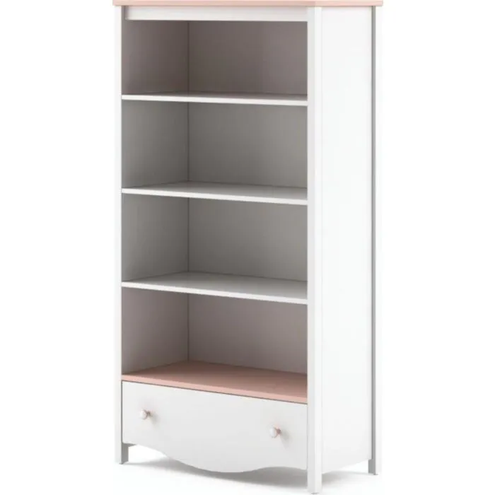 Regal BELLA . Regal BELLA je primeren za vsak dekliški prostor. Je bele in roza barve, popestril bo vsako dekliško spalnico. Material: - Laminirana plošča