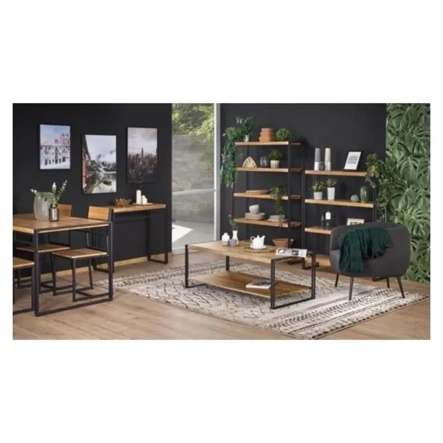 Regal MATEJ 2 . Regal MATEJ je eleganten in funkcionalen kos pohištva. Izdelan je iz MDF-ja in kovine, v sodobni kombinaciji zlate hrastove barve in črnih