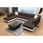 Sedežna garnitura DAVOR . Kotna sedežna garnitura DAVOR je prostorna sedežna garnitura. Narejena iz umetnega usnja in blaga. Vsebuje dva predala za