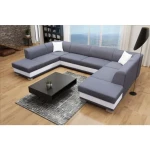 Sedežna garnitura DAVOR . Kotna sedežna garnitura DAVOR je prostorna sedežna garnitura. Narejena iz umetnega usnja in blaga. Vsebuje dva predala za