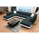 Sedežna garnitura DAVOR . Kotna sedežna garnitura DAVOR je prostorna sedežna garnitura. Narejena iz umetnega usnja in blaga. Vsebuje dva predala za