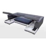 Sedežna garnitura DAVOR . Kotna sedežna garnitura DAVOR je prostorna sedežna garnitura. Narejena iz umetnega usnja in blaga. Vsebuje dva predala za