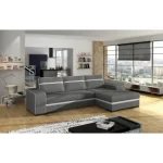 Sedežna garnitura FACE . Kotna sedežna garnitura FACE je zelo praktična in funkcionalna. Narejena je v kombinaciji kvalitetnem blaga ter umetnega usnja.