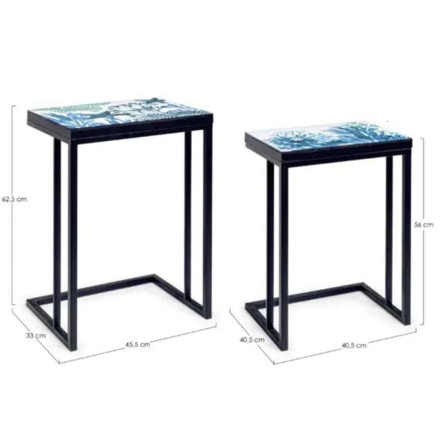 Set 2 klubske mize REEF K03 . Set 2 klubskih mizic REEF K03 je eleganten set z očarljivim motivom na mizni plošči. Mizici imasta kovinski okvir in top iz