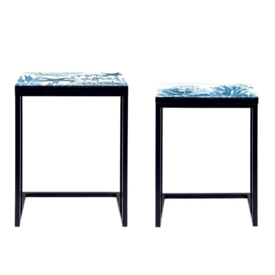 Set 2 klubske mize REEF K03 . Set 2 klubskih mizic REEF K03 je eleganten set z očarljivim motivom na mizni plošči. Mizici imasta kovinski okvir in top iz