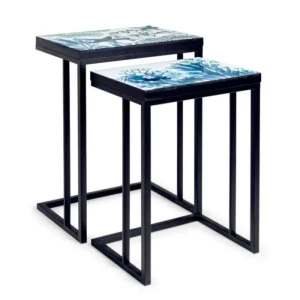 Set 2 klubske mize REEF K03 . Set 2 klubskih mizic REEF K03 je eleganten set z očarljivim motivom na mizni plošči. Mizici imasta kovinski okvir in top iz