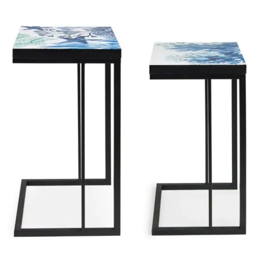 Set 2 klubske mize REEF K03 . Set 2 klubskih mizic REEF K03 je eleganten set z očarljivim motivom na mizni plošči. Mizici imasta kovinski okvir in top iz