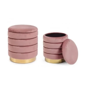 Set 2 taburejev DARINA roza . Set 2 taburejev DARINA roza ima strukturo iz MDF-ja in vezane plošče, prevleko ima iz poliestra ki oddaja učinek žameta. Dno