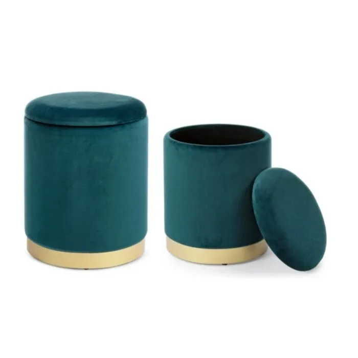 Set 2 taburejev POLINA modra Set 2 taburejev POLINA modra . Set 2 taburejev POLINA modra ima strukturo iz MDF-ja, prevleka je iz poliestra ki oddaja žametni učinek. Dno krasi zlati