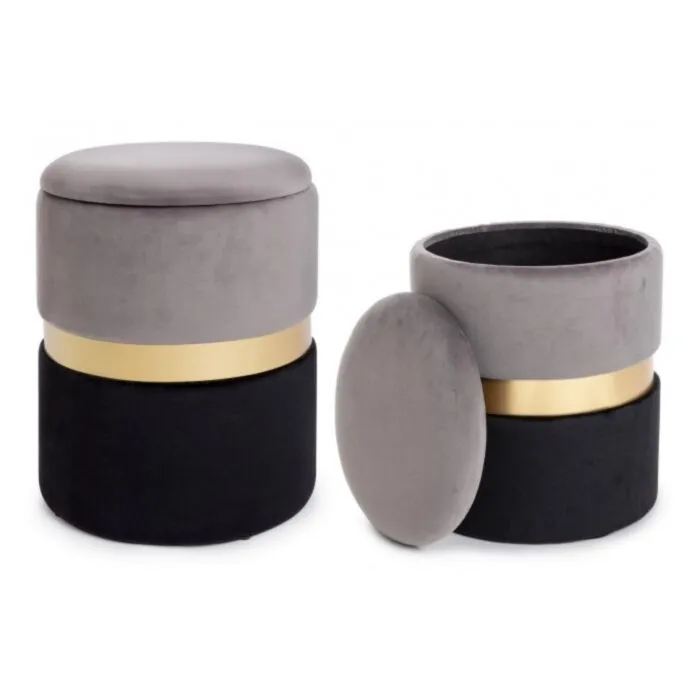 Set2 taburejev POLINA sivo-črna . Set2 taburejev POLINA sivo-črna ima okvir iz MDF-ja in vezanega lesa, pokrov v obročku je v jekleno zlati barvi. Narejen