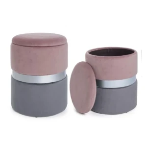 Set2 taburejev POLINA sivo-roza . Set2 taburejev POLINA sivo-roza ima okvir iz MDF-ja in vezanega lesa, pokrov v obročku je v jekleno zlati barvi. Narejen je