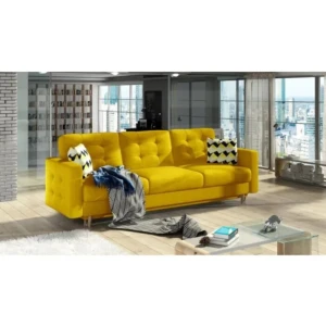 Sofa MIJA 3 . Trosed MIJA 3 je trosed s stilom skandinavskega sloga. Dobavljiva je v kvalitetnem blagu. Trosed ima pomožno ležišče in predal, je vzmeten in