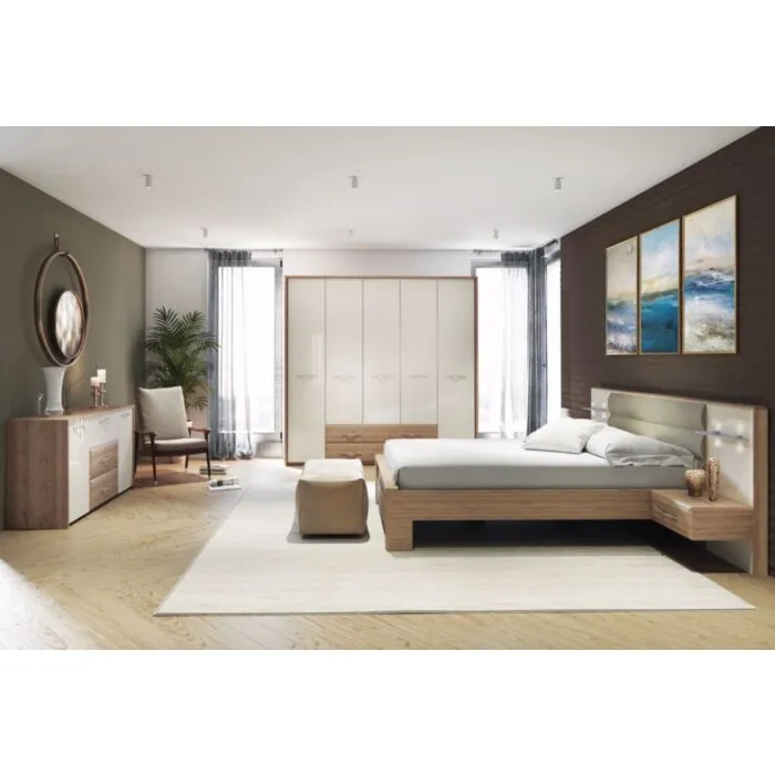 Spalnica GODIVA . Kompletna spalnica GODIVA bo poskrbela za vaš počitek in mir, obenem pa ima veliko prostora za shranjevanje oblačil v garderobni omari za