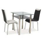 Steklena jedilna miza MARS . Steklena jedilna miza MARS je dobavljiva v krom barvi. Mizna plošča je izdelana iz kaljenega stekla. Noge so izdelane iz kovine.