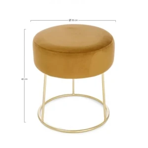 Tabure CLARISSA rumena D35 . Tabure CLARISSA rumena D35 ima noge iz jekla, sedež je iz poliestra ki ima žametni učinek. Polnjen je z poliuretansko peno.