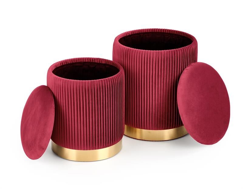 Set dveh taburejev ONIX je zelo praktičen in eleganten. Narejen je iz žametne tkanine, na spodnjem robu ima dekorativni  jeklen obroč v zlati barvi.