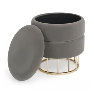 Tabure PAVLINA siva . Okvir tabureja PAVLINA je iz MDFja in vezanega lesa, noga je zlata-kromirana. Prevleka je iz poliestra z žametnim učinkom. Polnilo je