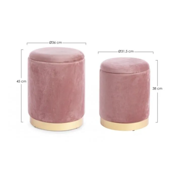 Tabure SET2 POLINA roza . Ogrodje taburejev POLINA je narejeno iz MDFja in vezanih plošč. Prevleka je iz poliestra z žametnim učinkom. Dno ima kovinski