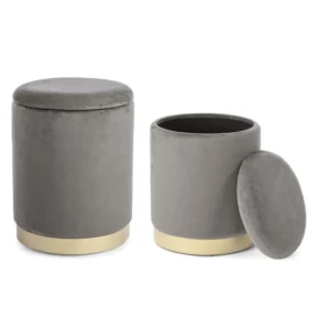 Tabure SET2 POLINA siva . Ogrodje taburejev POLINA je narejeno iz MDFja in vezanih plošč. Prevleka je iz poliestra z žametnim učinkom. Dno ima kovinski