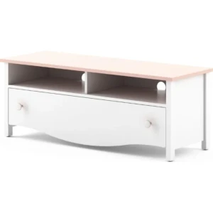 TV komoda BELLA . TV komoda BELLA je primerna za vsako dnevno sobo. Je nežnega, a elegantnega izgleda. Kontras bele in roza barve se odlično ujema. Material: