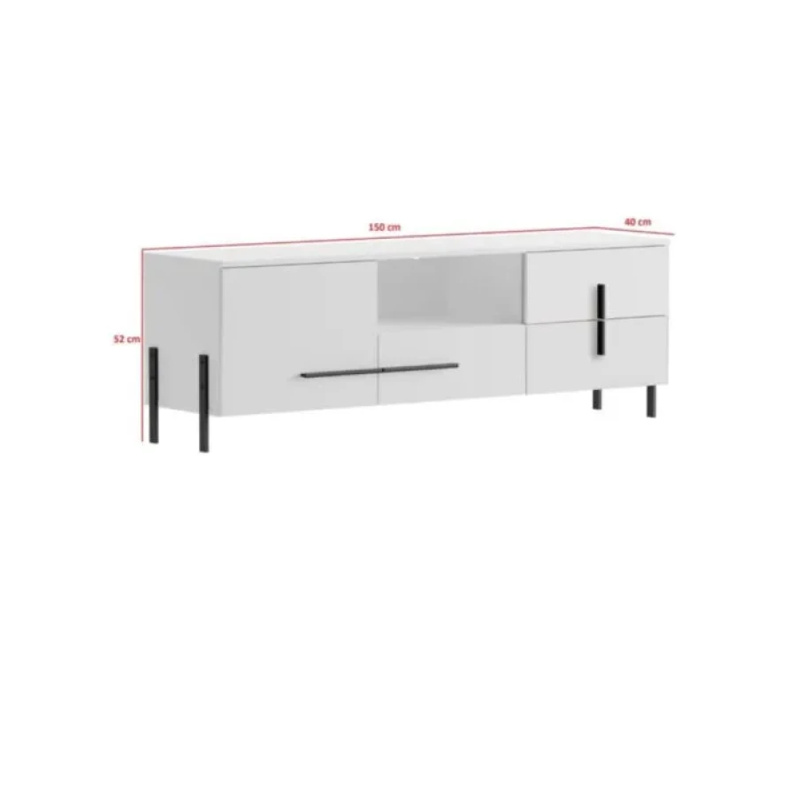 Tv omarica JUSTINA . TV omarica JUSTINA je narejena iz kvalitetne laminirane plošče, 16 mm debeline in ABS robovi. Stranice so v beli mat barvi, fronte pa v
