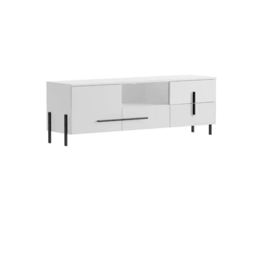 Tv omarica JUSTINA . TV omarica JUSTINA je narejena iz kvalitetne laminirane plošče, 16 mm debeline in ABS robovi. Stranice so v beli mat barvi, fronte pa v