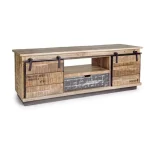 Tv regal TUDOR je narejen iz lesenega okvirja (mango), podnožje je kovinsko. Dimenzije: širina: 130cm globina: 40cm višina: 50cm