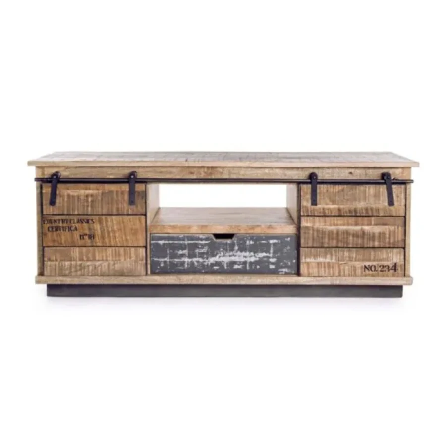 Tv regal 2A-1C TUDOR . Tv regal TUDOR je narejen iz lesenega okvirja (mango), podnožje je kovinsko. Dimenzije: širina: 130cm globina: 40cm višina: 50cm