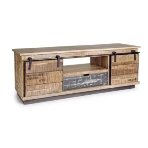 Tv regal 2A-1C TUDOR . Tv regal TUDOR je narejen iz lesenega okvirja (mango), podnožje je kovinsko. Dimenzije: širina: 130cm globina: 40cm višina: 50cm