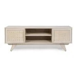 TV regal 2A SAHANA, je izdelan iz visokokakovostnega mangovega lesa in MDF-ja, kar mu daje trpežnost in eleganten videz. Prednja vrata so izdelana iz ratana,