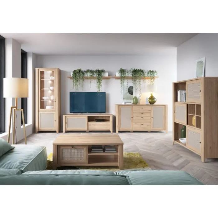 TV regal COCKA . TV regal COCKA je narejen iz kvalitetne laminirane plošče, debeline 16 - 22 mm. Vsebuje tempirano steklo ter LED osvetlitev. Noge so iz