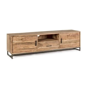 TV regal ELMER 2A-1C . TV regal ELMER 2A-1C ima okvir iz lesa, noge pa iz črne kovine. Ker je les obdelan ročno, so oblike in velikosti ki jih tvori les,