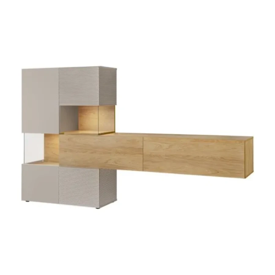 TV regal MINIKA . TV regal MINIKA je izdelan iz iverne plošče debeline 16 mm in MDF-ja, ponuja idealno kombinacijo funkcionalnosti in estetike. Z elegantnimi