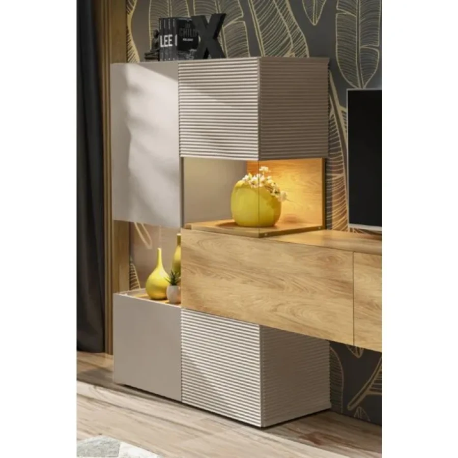TV regal MINIKA . TV regal MINIKA je izdelan iz iverne plošče debeline 16 mm in MDF-ja, ponuja idealno kombinacijo funkcionalnosti in estetike. Z elegantnimi