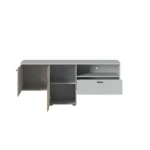 TV regal VIVIJA . TV regal VIVIJA v sivi barvi s kombinacijo barve hrast, je izdelan iz visokokakovostne iverne plošče (debeline 16 mm in 22 mm), MDF-ja, in