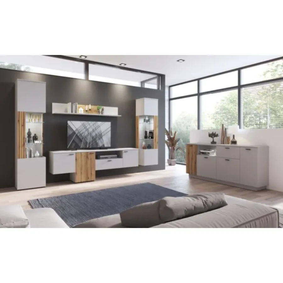 TV regal VIVIJA . TV regal VIVIJA v sivi barvi s kombinacijo barve hrast, je izdelan iz visokokakovostne iverne plošče (debeline 16 mm in 22 mm), MDF-ja, in